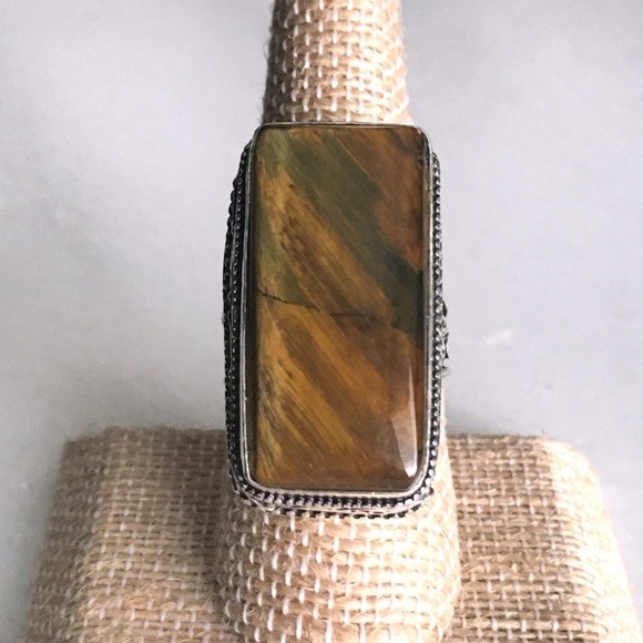 New Tiger’s Eye Gemstone Silver Overlay Vintage Style Ring Size 8 - Picture 10 of 11
